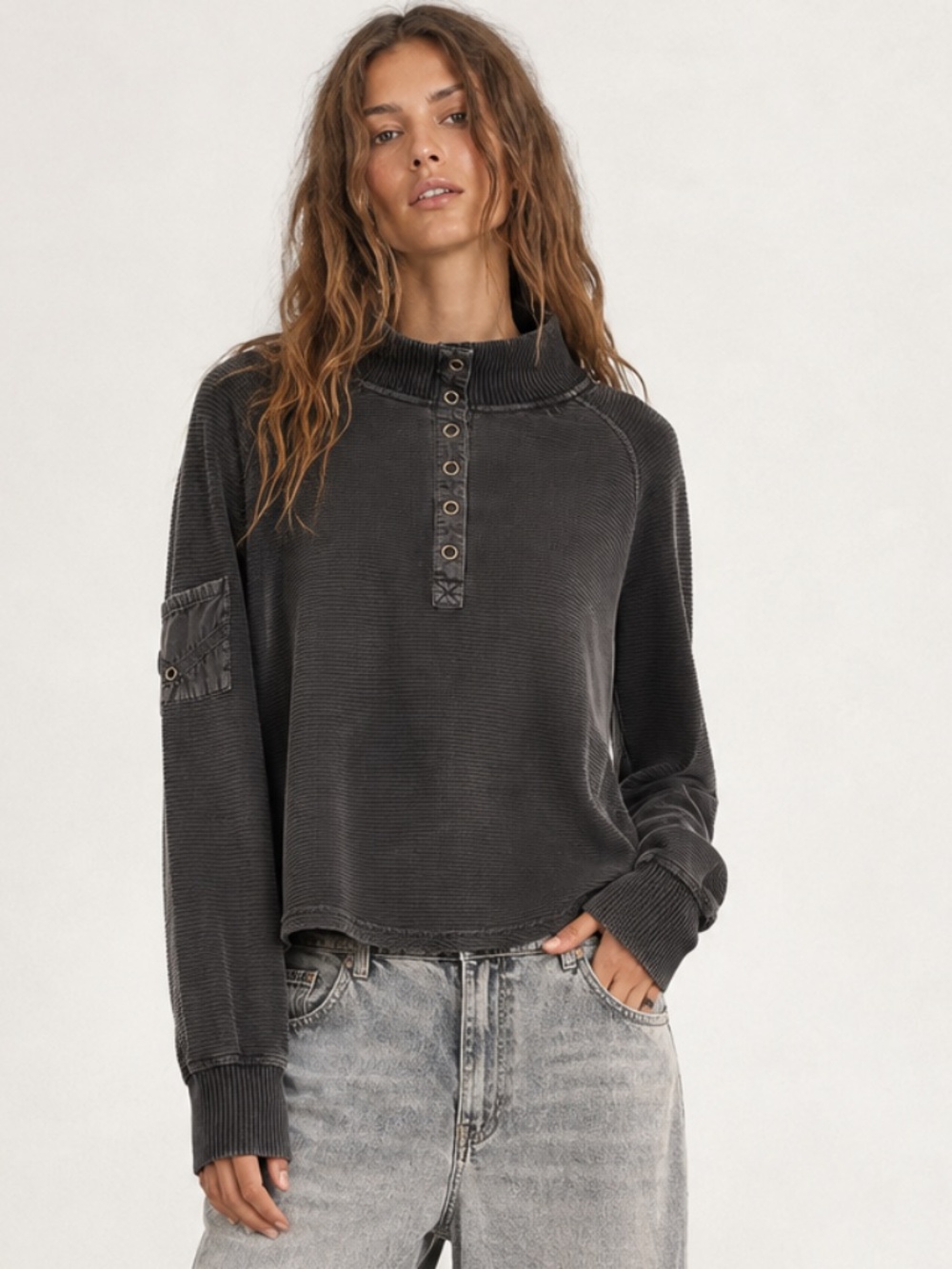 FREE PEOPLE FP Movement So Fly Henley Ribbed Cropped Distressed Pullover Black M